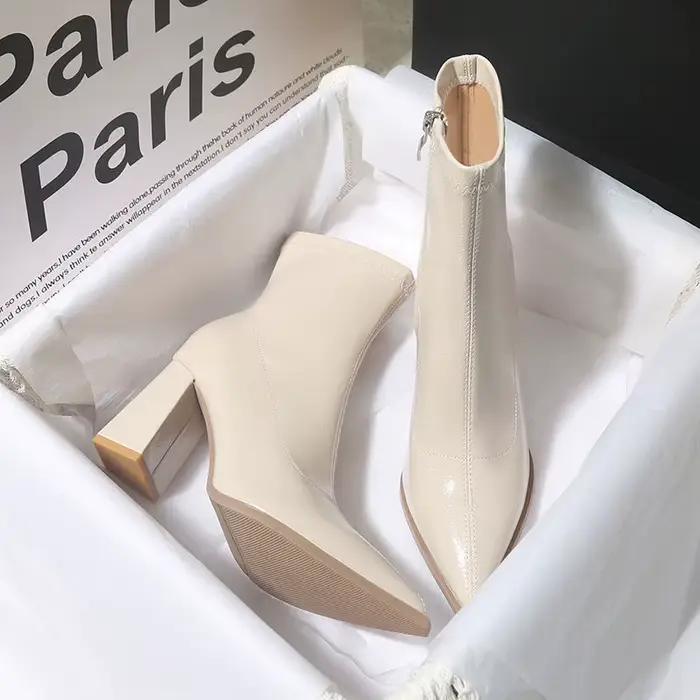 Bottines d'hiver en cuir verni pour femmes, bottines courtes à bout pointu, talons hauts carrés, cha
