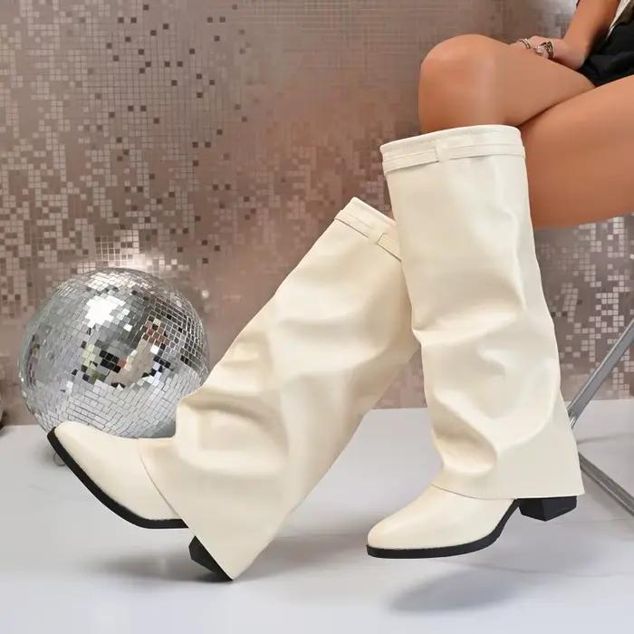 Chaussures pour femmes nouveau bout pointu droit brillant moyen bottes longues grande taille bottes 