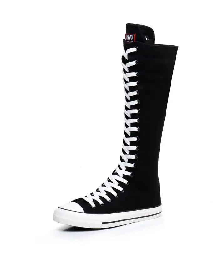 Bottes femmes baskets toile décontracté chaussures hautes botte longue à lacets fermeture éclair con