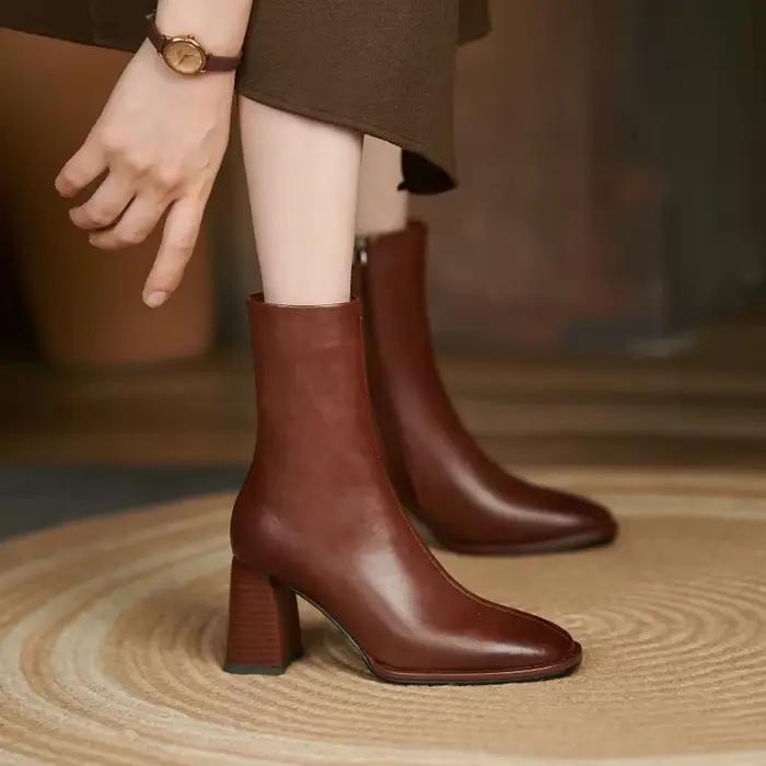 Bottes de rinçage en cuir véritable pour femmes, talons hauts, fermeture éclair, noir, élégant, bott