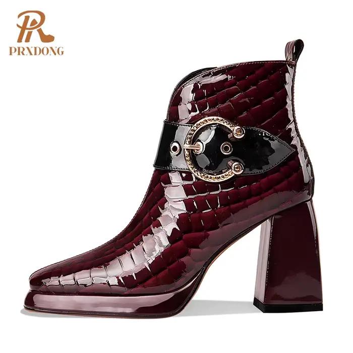 Bottines en cuir véritable pour femme, chaussures de haute qualité, talons hauts, plateforme à boucl