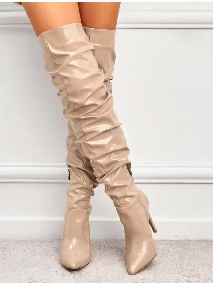 Bottes au-dessus du genou pour femmes, Parker pointu, noir, fermeture à glissière latérale, talons h