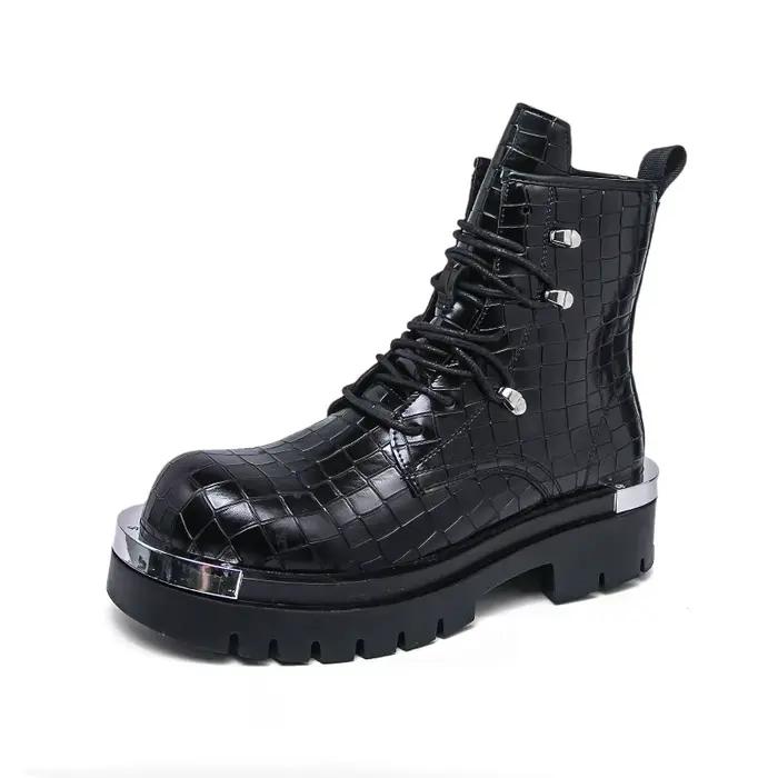 Bottines en cuir à plateforme pour hommes, chaussures de moto, semelles montantes en caoutchouc, à l
