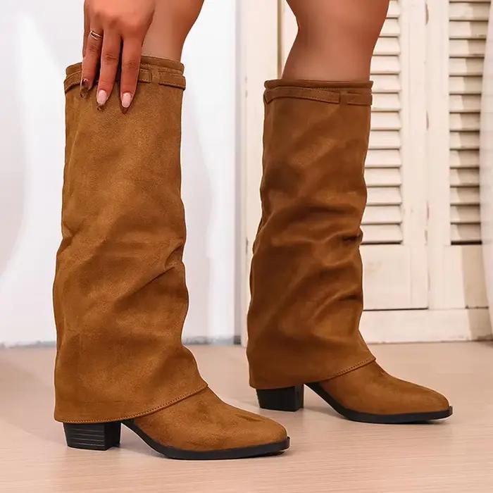 Mode sans lacet à talons hauts genou bottes femmes automne hiver haut Tube cavalier bottes femme bou
