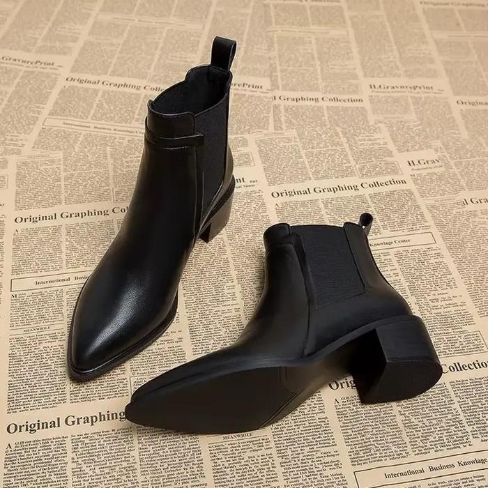 Bottines Chelsea à bout pointu pour femme, escarpins en cuir à talons mi-hauts, bottes courtes rétro