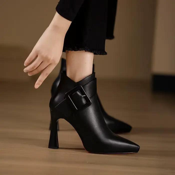 Bottes en cuir coordonnantes à talons hauts pour femmes, escarpins pointus, boucle de ceinture, chau