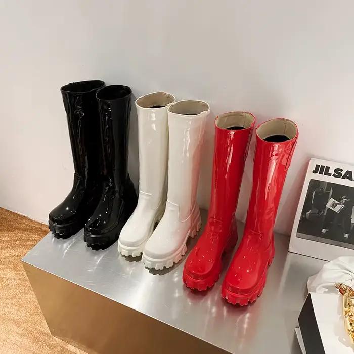 Bottes hautes imperméables en cuir brillant, bottes au-dessus du genou, Parker ronde rehaussée, cuir