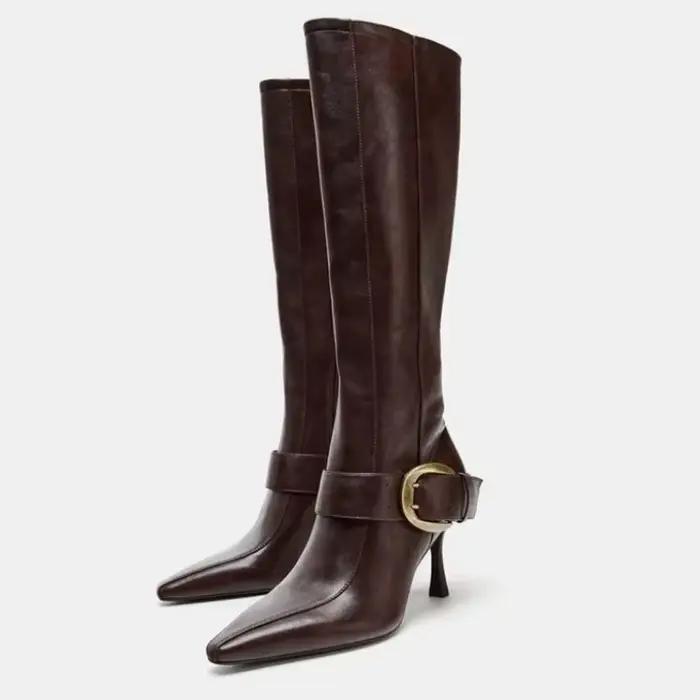 Bottes hautes en cuir souple sexy pour femme, avec boucle de ceinture métallique, fermeture éclair, 