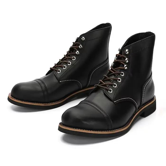 Amekaji Bottes de moto en cuir vintage, bottes du désert à bout pointu véritable avec semelle épaiss