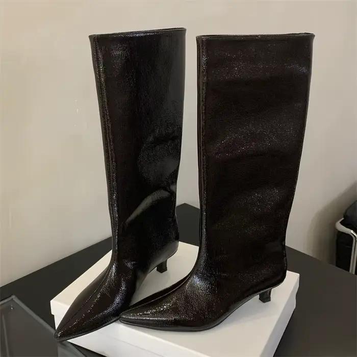 Eilyken-Bottes pointues au genou pour femmes, style de rue, mode sexy, à enfiler, talons bas fins, c