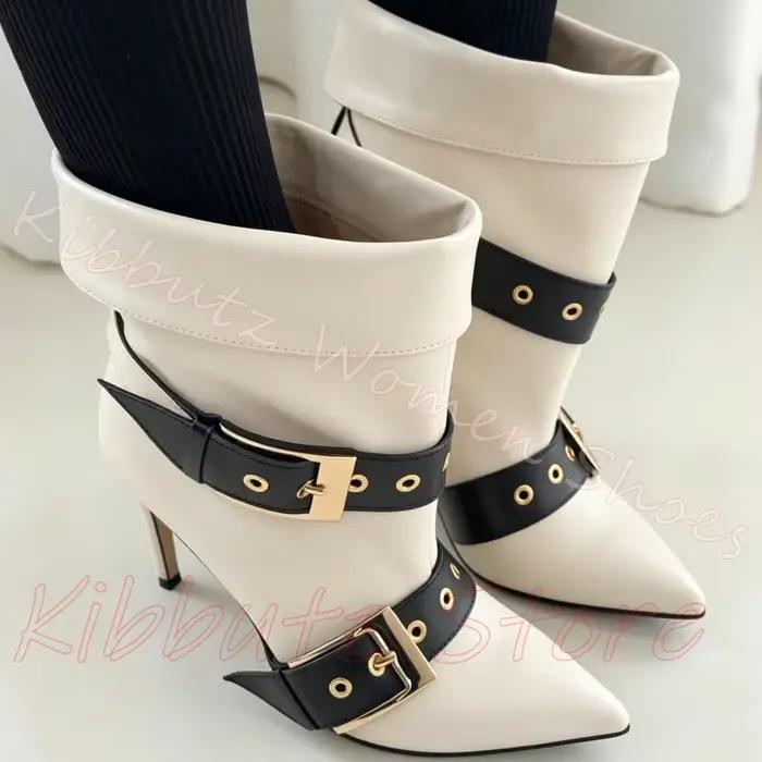 Bottines à revers repliable, multi-boucles, rivets, bout pointu, talon aiguille, en cuir, couleur un