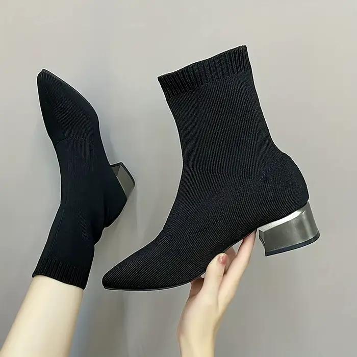 Bottines tricotées pour femmes, bout pointu, extensibles, talons épais, chaussettes courtes à la mod