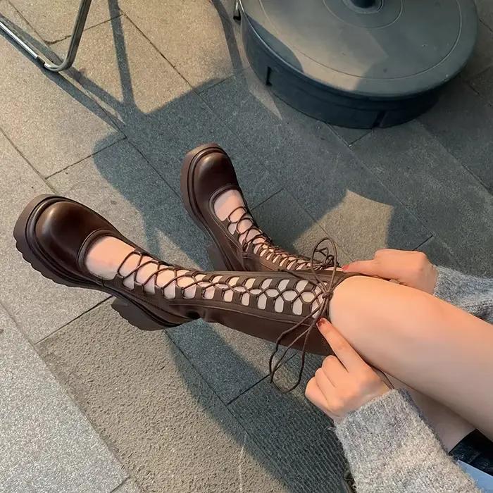 Bottes Hautes à Lacets et Talons Plateforme pour Femme Chaussures Ajourées Élégantes, Styliste, à la