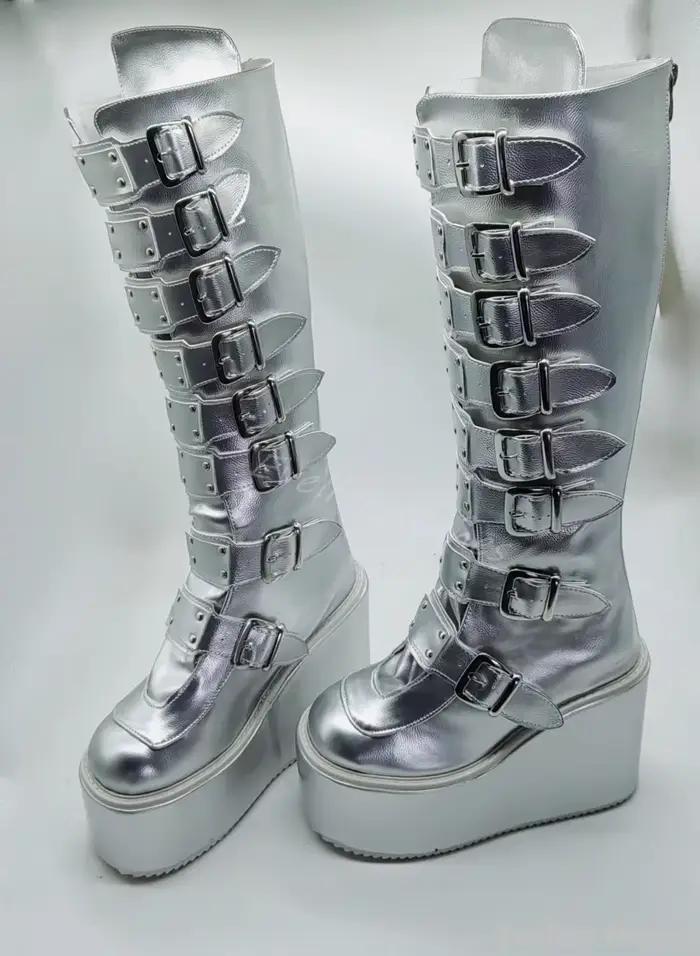 Bottes à Plateforme Argentée Compensées au Genou pour Femme, Bottes Miroir, D.lique, Argent, 03/Casu