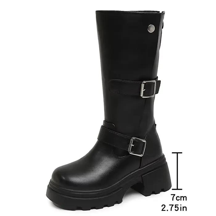 Bottes hautes à plateforme épaisse avec boucle de ceinture Piunk pour femmes, fermeture éclair arriè