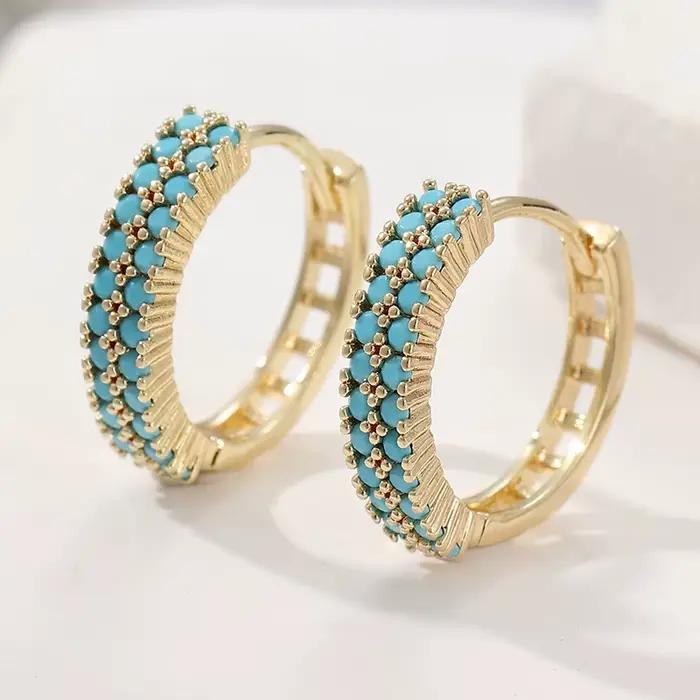 Boucles d'oreilles turquoise synthétiques rétro à Double rangée, exquises et élégantes, bijoux class