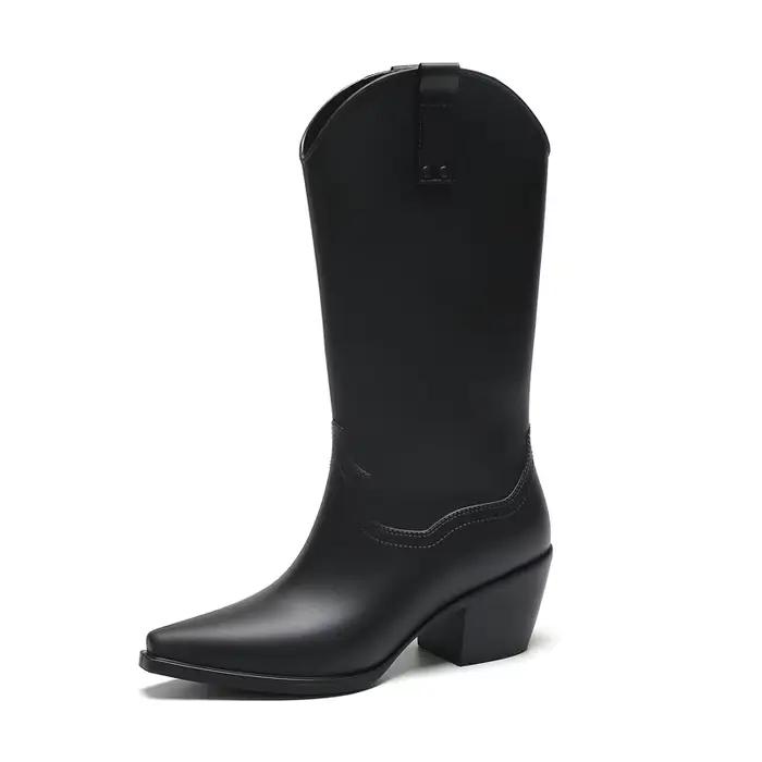 Bottes de pluie longues à talons hauts pour femmes, bottes de chevalier noires, caoutchouc souple, c
