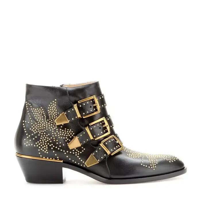 Bottines de Cowboy en cuir véritable pour femme, chaussures de luxe à rivets et cloutés de fleurs, d