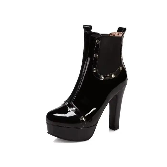 Botas De Mujer cheville femmes bottes en cuir verni bout rond talons hauts fête mariage plate-forme 