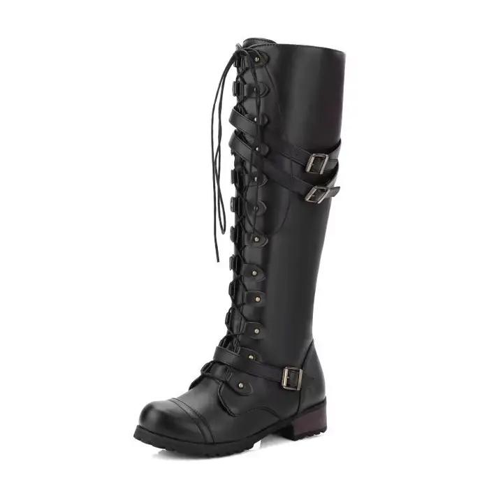 Nouvelle mode femmes genou bottes hautes marque à lacets plate-forme chaussures Sexy avec boucle PU 