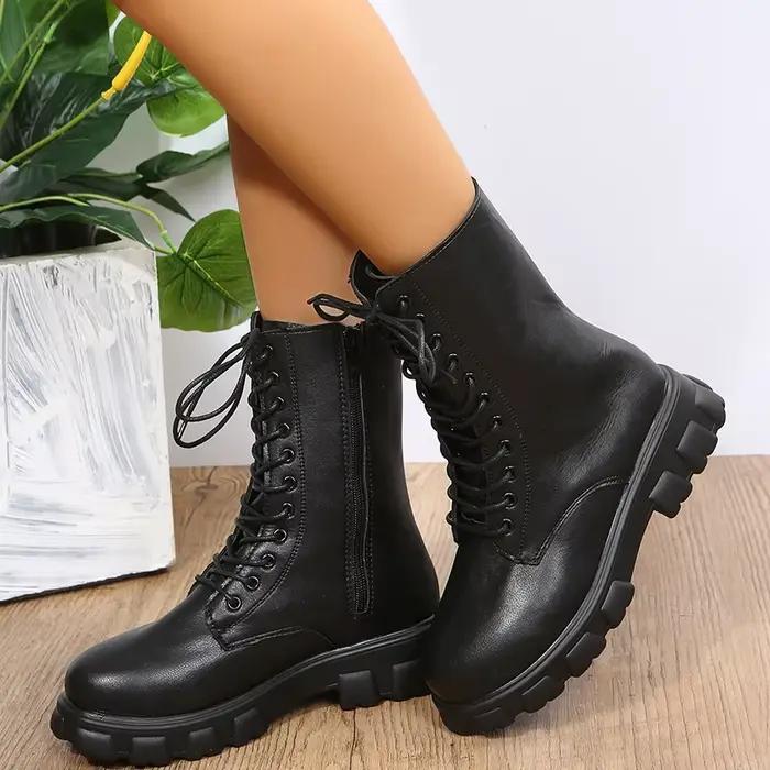 Bottes à plateforme confortables de couleur unie pour femmes, bottes à fermeture éclair latérale à l