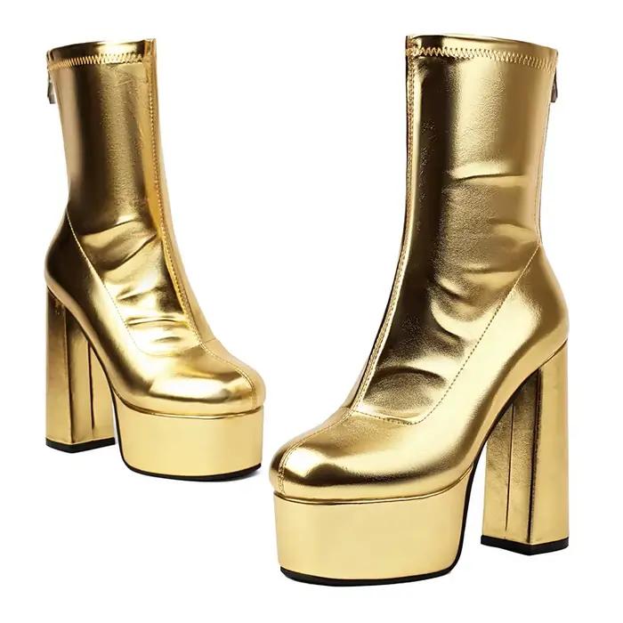Bottines à plateforme avec fermeture éclair au dos pour femme, or brillant, argent métallique, talon