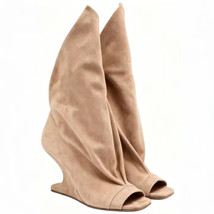 Bottes hautes rouges en daim pour femmes, à bout ouvert, avec talon compensé original, style chausse
