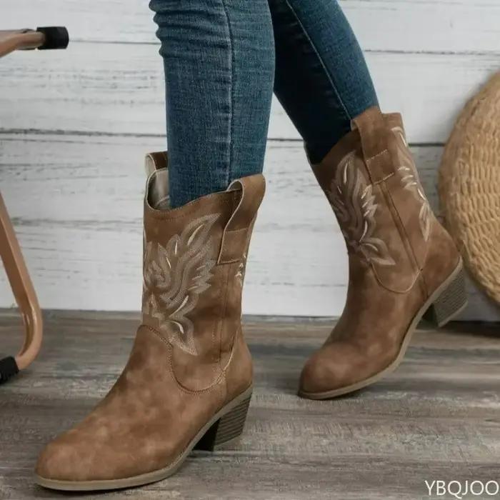 Chaussures élégantes et confortables pour femmes, bottes brodées à talon épais, rétro, minimalistes,