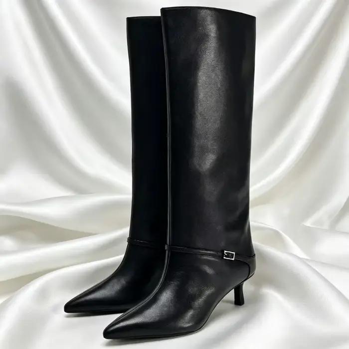 Style britannique noir en cuir souple bottes au genou femmes luxe boucle chaton talon bottes de créa