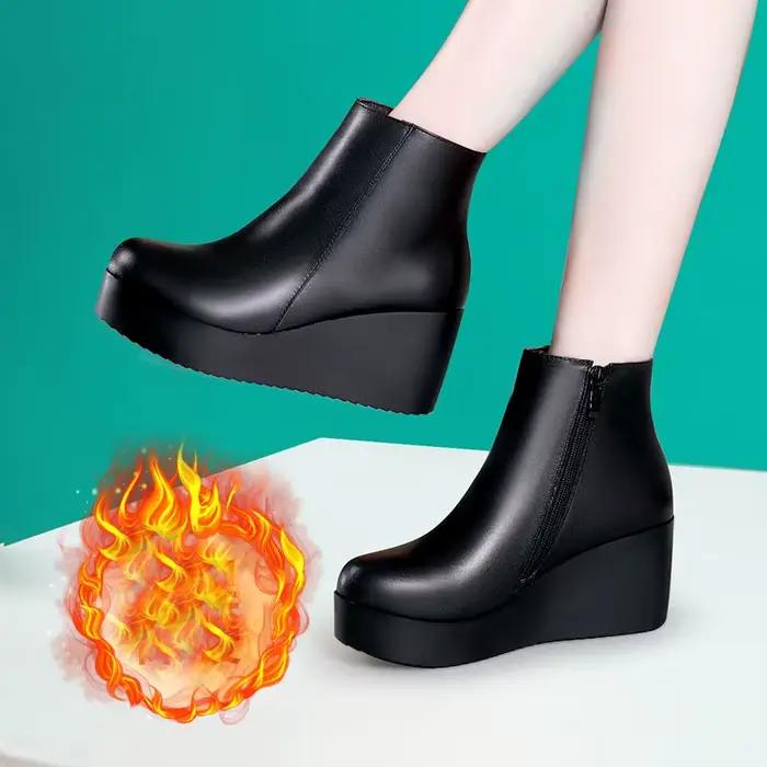 Bottes compensées à plateforme pour femmes, bottes de rinçage noires, talons hauts, chaussures en cu