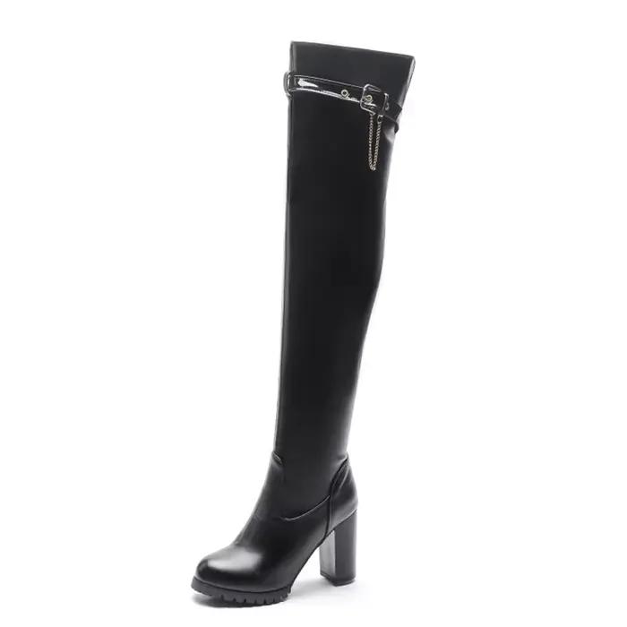 Bottes au dessus du genou pour femmes, mode, talons hauts épais, robe noire chaude, longue plateform