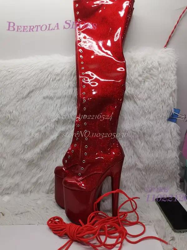 Femmes plate-forme sur le genou bottes paillettes Flash diamant rouge Peep orteil couverture ouverte