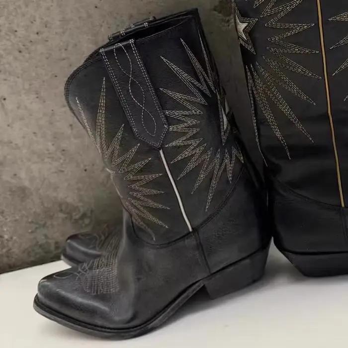 Bottes de Cowboy noires pour femmes, broderie d'étoiles, bout pointu, talon bloc, chaussures quotidi