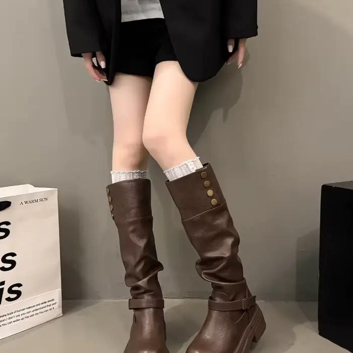 Bottes pliables à double boucle de ceinture pour femme, style rétro, à bout rond, mi-mollet, à semel