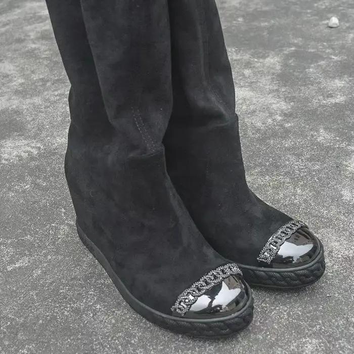 Cuissardes Parker en cuir suédé noir pour femme, talon compensé intérieur augmenté, à enfiler sur le