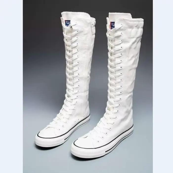 2025 nouvelles chaussures montantes en toile pour femmes édition coréenne botte longue à lacets ferm