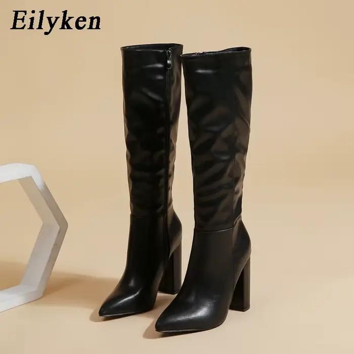 Eilyken femmes bottes hautes élégant Style de rue bout pointu gros talon haut fermeture éclair longu