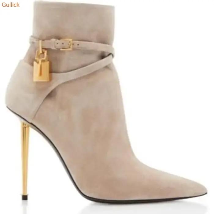 Bottes de rinçage pointues en cuir verni pour femmes, bottes courtes en daim, fermeture dorée, talon