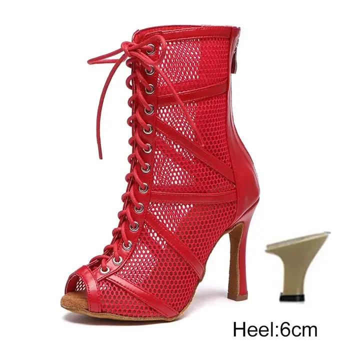 Chaussures de danse latine pour femmes, bottes de danse pour salle de bal, maille rouge, talons aigu