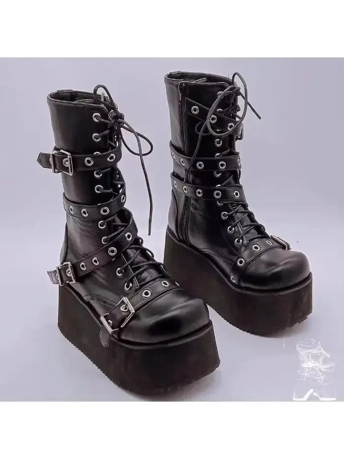 Grande taille 43 automne femmes bottes boucle bout rond compensées plate-forme bottes Punk Goth INS 