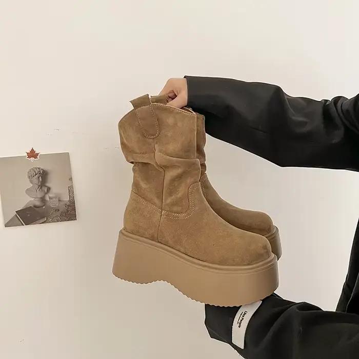 Bottines à plateforme épaisse et semelle épaisse pour femme, chaussures à bout rond, à enfiler, cour