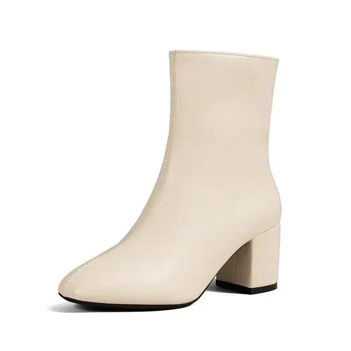 Bottines blanches pour femmes, fermeture éclair latérale, talon moyen extensible, grande taille, cha