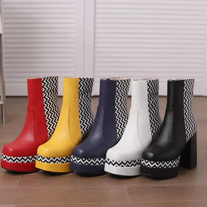 Bottes Courtes à Rayures Imprimées de Style Coréen pour Femme, Chaussures à Plateforme, Très Hautes 