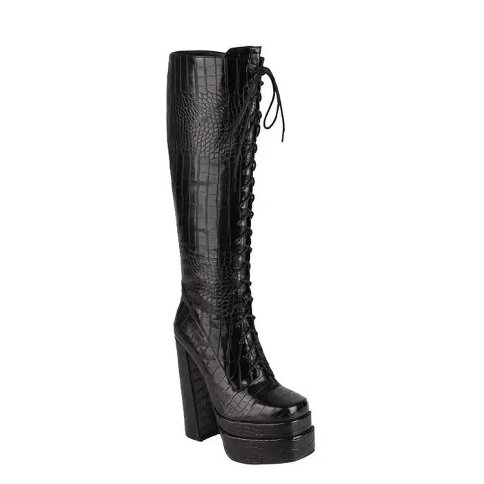 Bottes hautes en cuir PU pour femme, cuir de Crocodile, couleur or argent Olive, brillant, à lacets,
