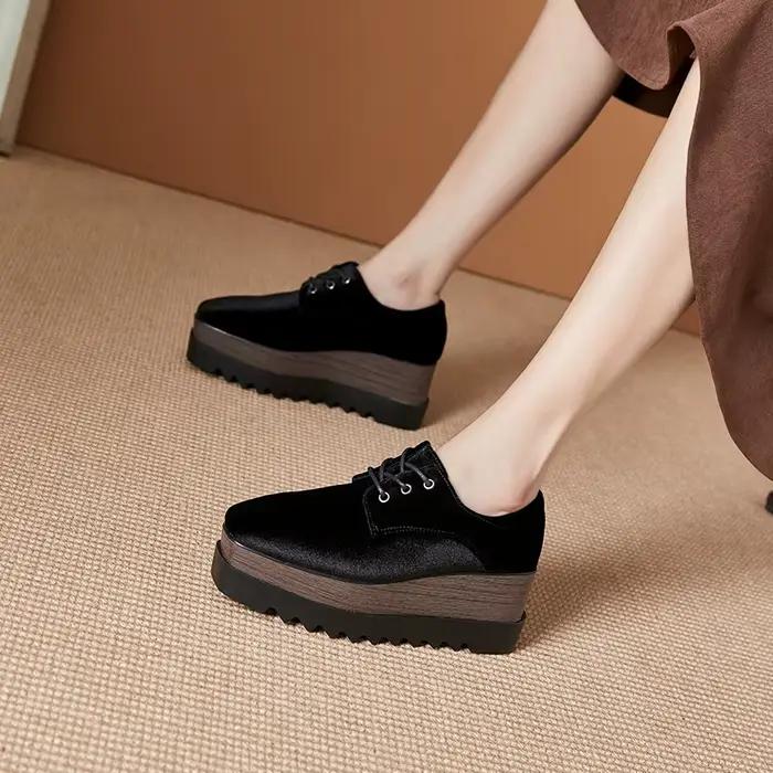 Creepers-Chaussures à plateforme en daim noir pour femmes, Escarpins pour dames, Designer Square Par