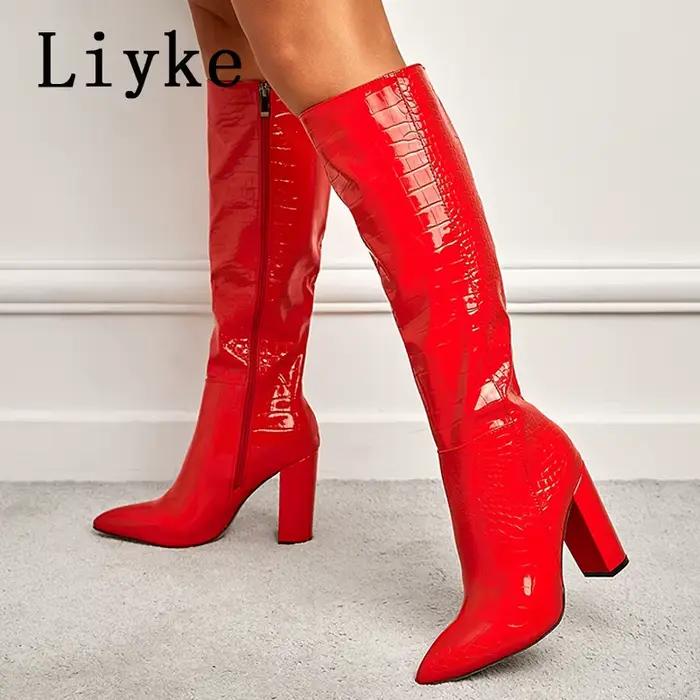 Liyke – bottes hautes en cuir imprimé serpent pour femme, chaussures à la mode, blanches, Sexy, bout