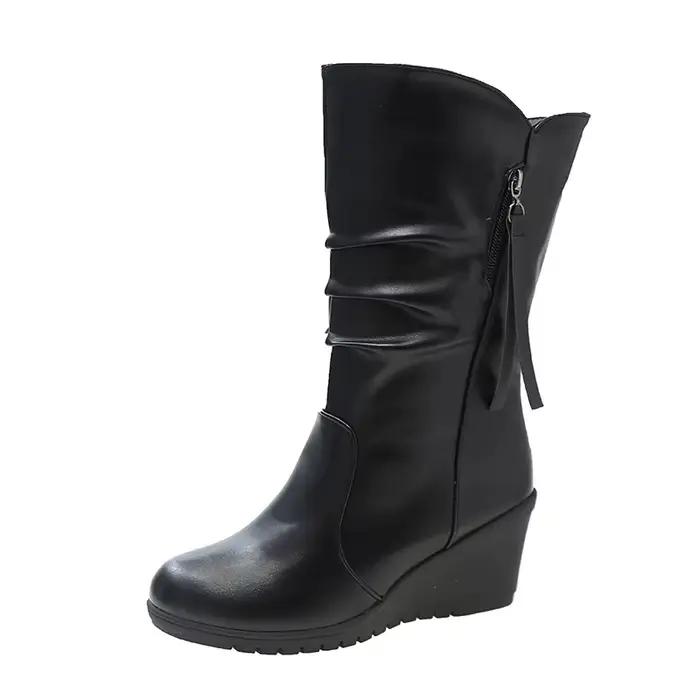 Bottes tendance grande taille pour femmes, fermeture éclair latérale, bout rond, talon haut, mi-moll