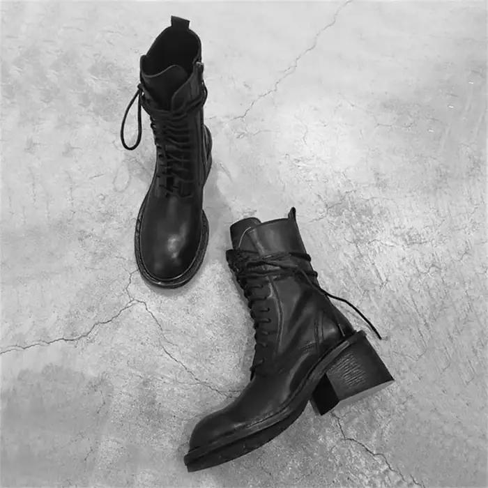 2025 hiver marque de haute qualité Chic Cool bottines femmes mode noir bloc talons à lacets fermetur
