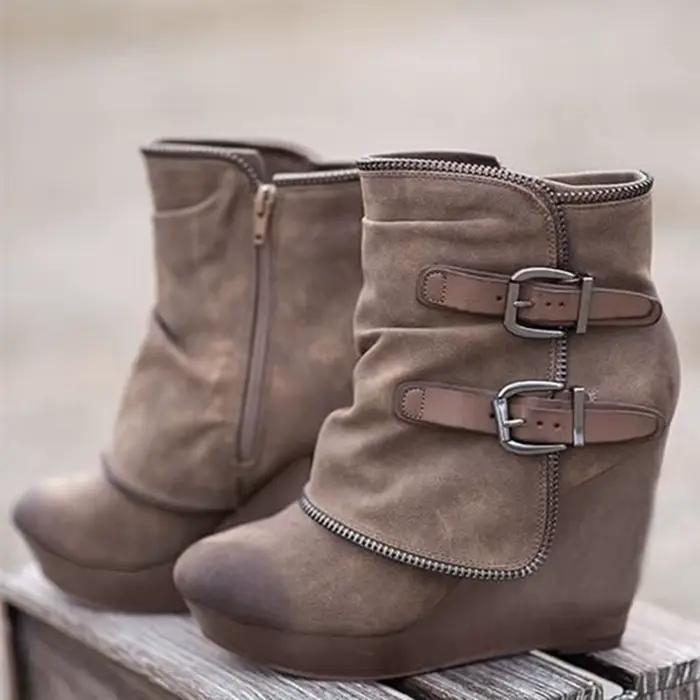 Bottines à talon compensé en daim pour femme, couleur unie, à fermeture éclair, bout rond, style sus