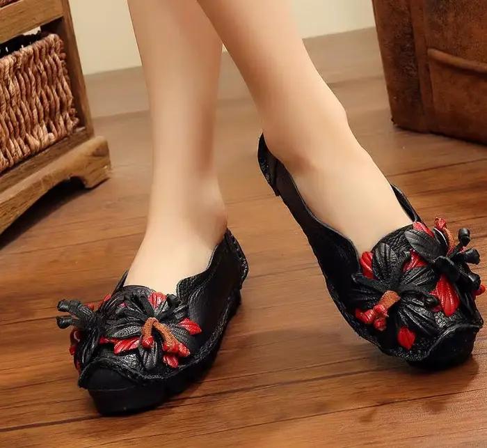 Chaussures rétro plates pour femmes, ballerines florales, mocassins en cuir pour femmes, chaussures 